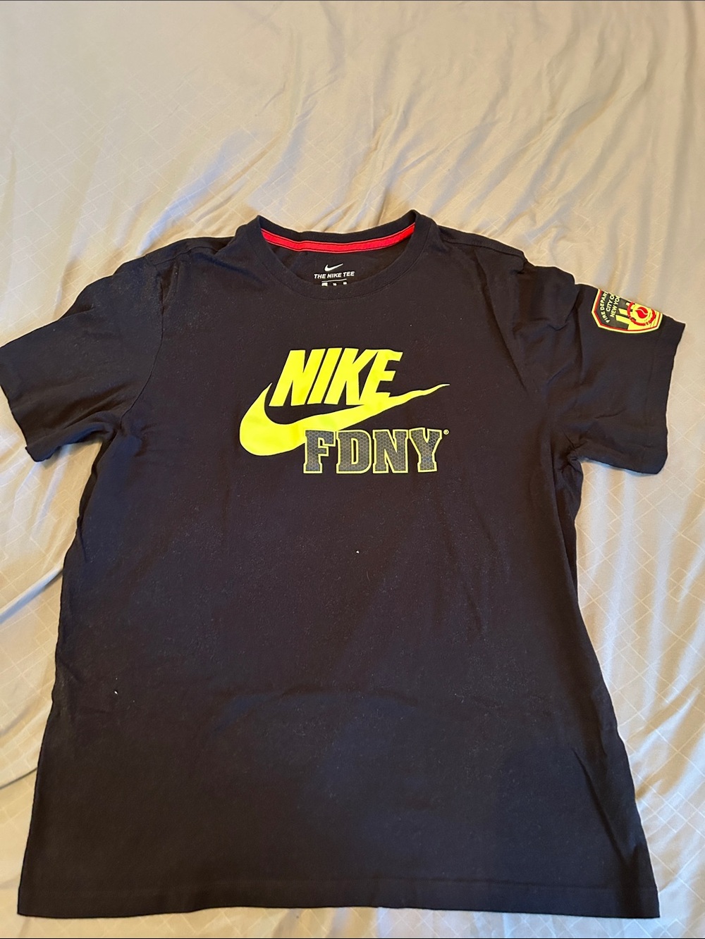 Nike Black Tee with Neon Yellow Swoosh and FDNY Patch